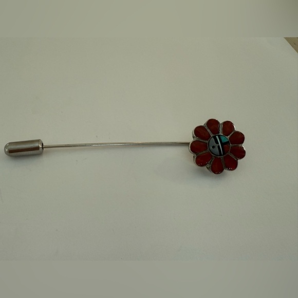 Vintage Zuni Sunface Inlay Flower Stick Pin Coral Turquoise MOP Native American - Picture 5 of 10
